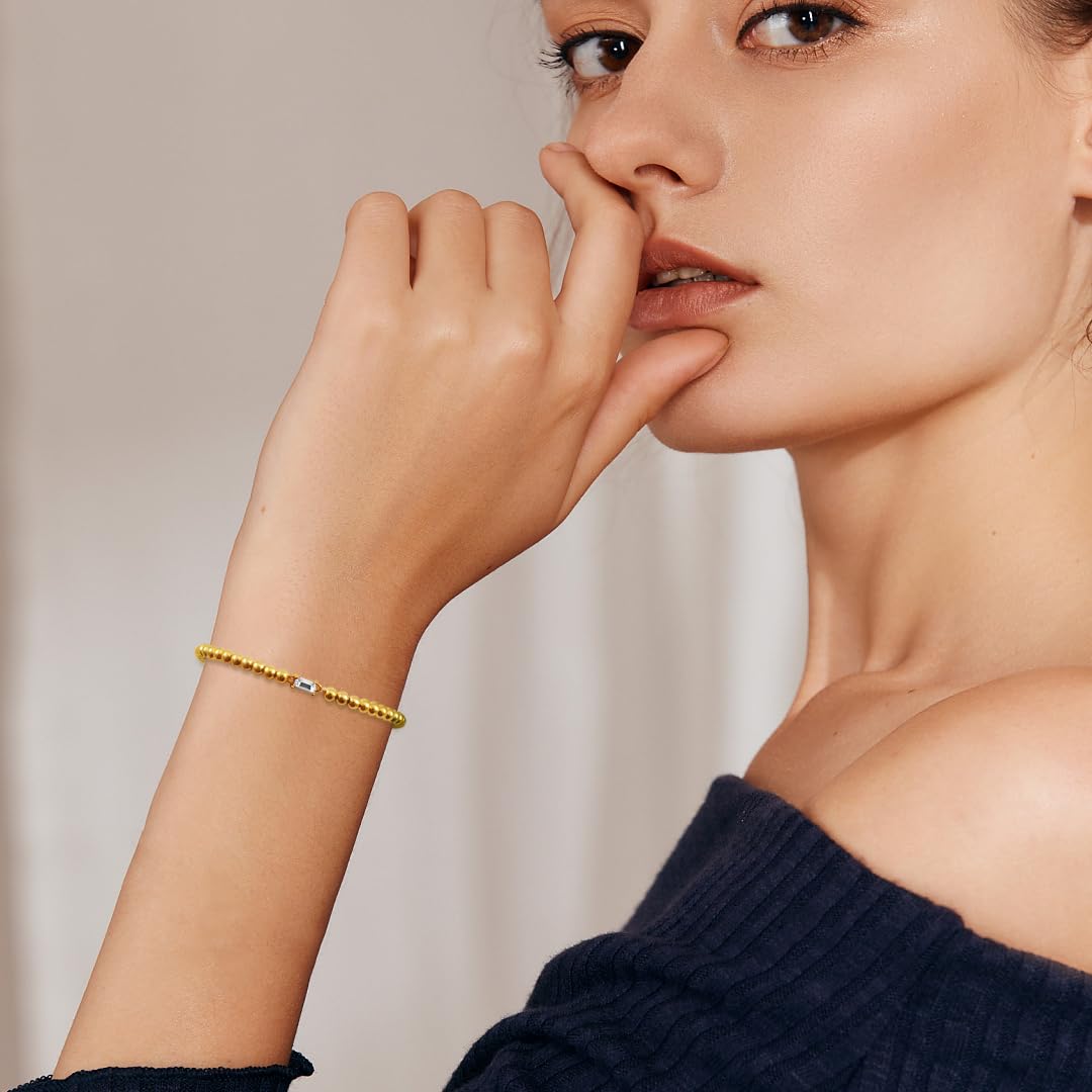 Free bird Gold Bracelets for Women, Dainty Gold Beaded Birthstone Bracelet with Baguette CZ 14K Gold Plated Stacking Birthstone Bracelets for Women,Pulsera para Mujer