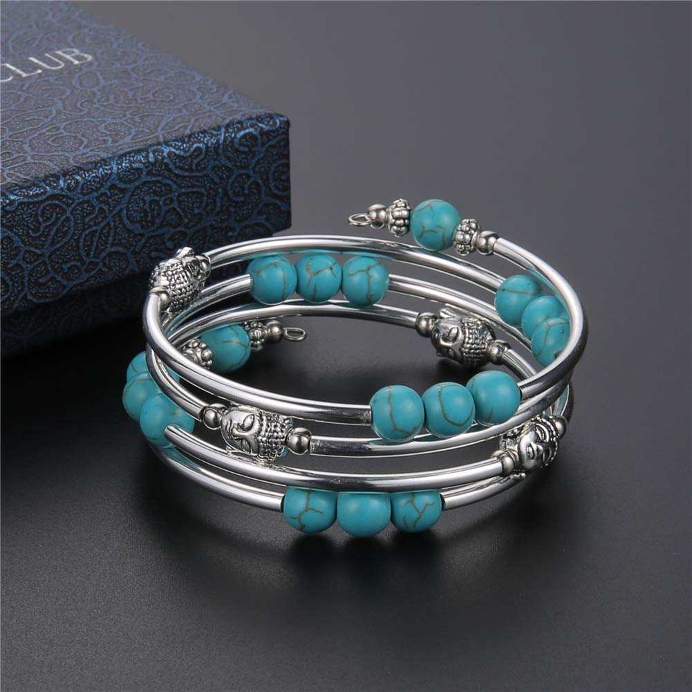 PEARL&CLUB Beaded Chakra Bangle Turquoise Bracelet - Fashion Jewelry Wrap Bracelet with Thick Silver Metal and Mala Beads, Birthday Gifts For Women(58-Turquoise)