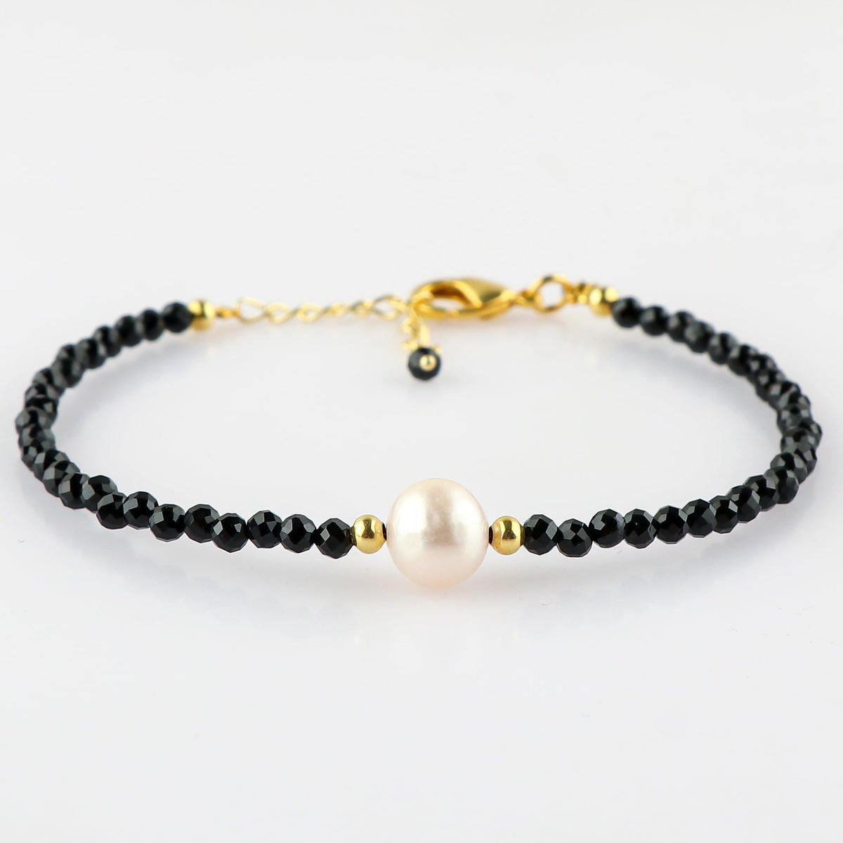 CRYSTALINES Natural Black Tourmaline Gemstone Bracelet, Cultured Pearl Beads Stones, Handmade Hypoallergenic Bohemian Jewelry for Women, Healing Crystals, Adjustable Gold Plated 7+1inch Birthday Gift