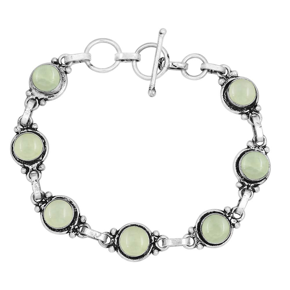 Natural Prehnite 925 Silver Plated Handmade Link Bracelet for Women - Round Gemstones Vintage Style Adjustable Bracelet Women Jewelry Gifts for Wedding Christmas Valentine's Day