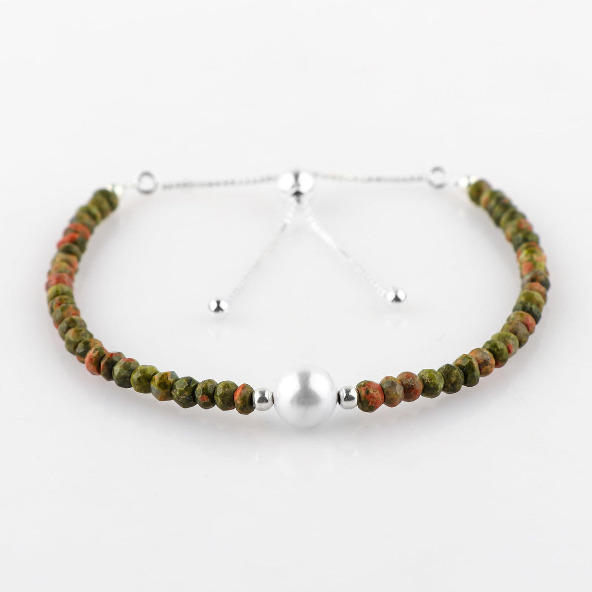 CRYSTALINES Natural Unakite Gemstones Beads Bolo Bracelets with Pearl, Handmade, Beaded Bracelet, Real Crystals Jewelry, Women Bracelet, Silver Plated Adjustable Chain- 6+4inch, AAA Grade