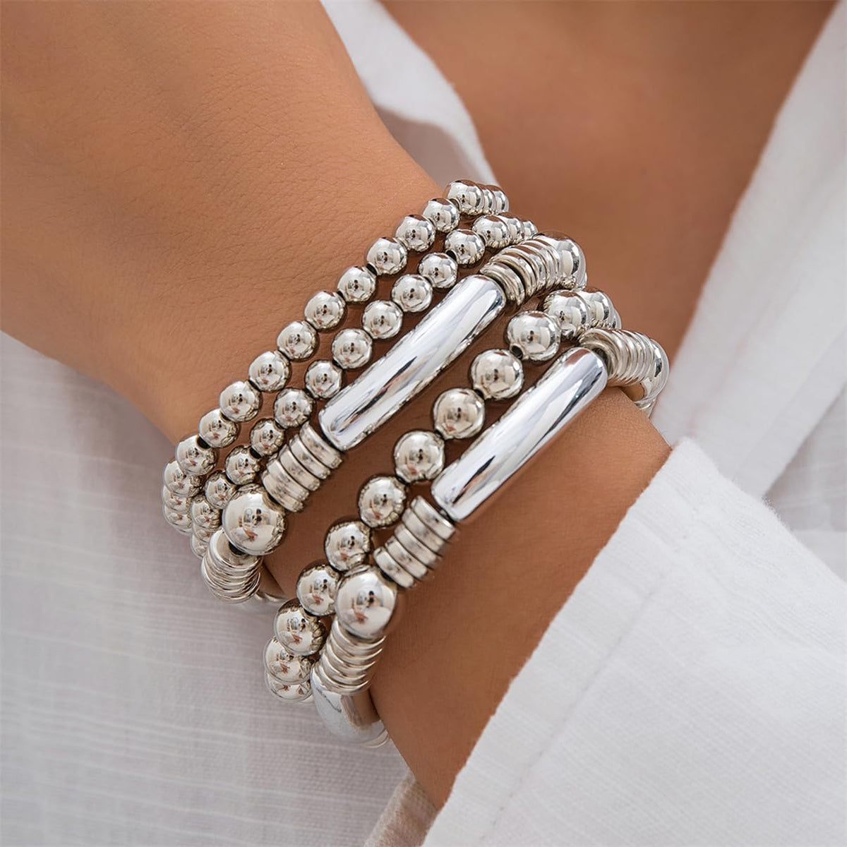 LXSSLY 5Pcs Silver Bangles Bracelets Set for Women,14K Gold Plated Stackable Bead Ball Bracelets Set,Adjustable Bead Bracelets,Boho Stretch Bead Ball Bracelet for Women