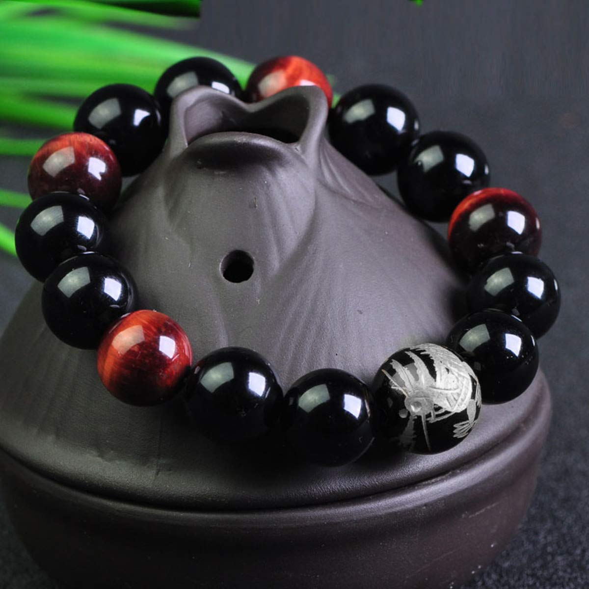 Merdia Men's Tiger Eye Stone Elastic Bead Bracelet with Loong Pattern Bead | Mens Jewelry | Loong Bracelet for Men | Mens Bracelet | Beaded Bracelet | Tiger Eye Bracelet Men | Crystal Bracelet