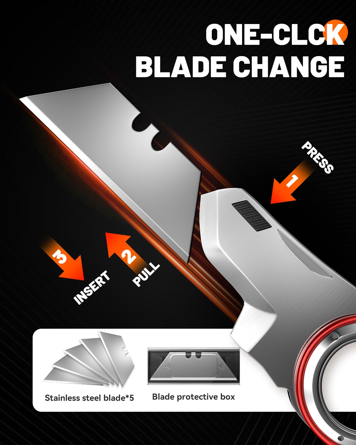 Folding Utility Knife Pocket Knife, Heavy-Duty Box Cutter with Anti Slip Finger Loop, Quick Change Blade Razor Knife, Box Cutters for Home, Office, Warehouse, Durable Razor Knife, Box Knife (Red)