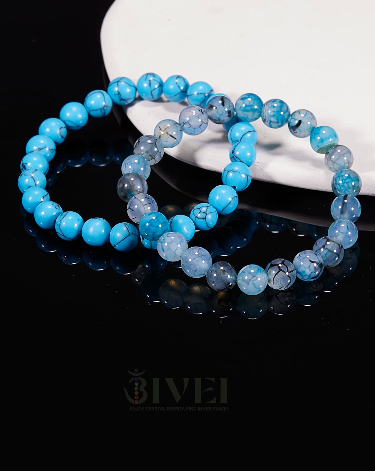 Bivei Natural Gemstone Semi Precious Crystals Handmade Stretchy Round Beads Bracelet, Stocking Stuffers for Women(Blue Dragon Vein Agate & Turquoise (Strength & Protection) Medium)