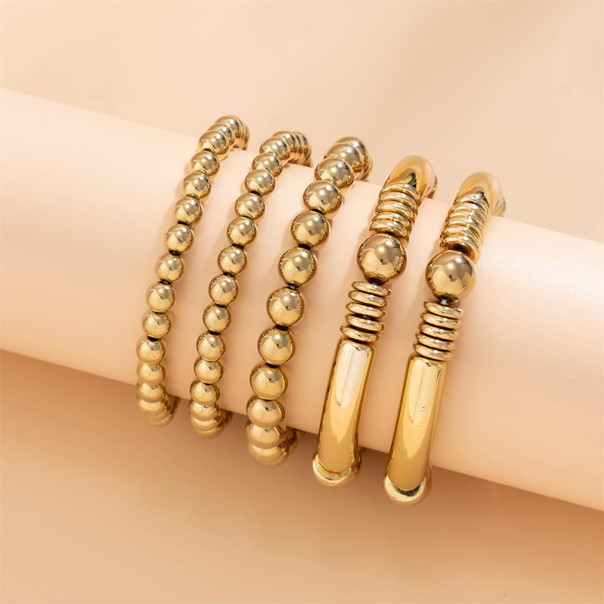 LXSSLY 5Pcs Gold Bangles Bracelets Set for Women,14K Gold Plated Stackable Bead Ball Bracelets Set,Adjustable Bead Bracelets,Boho Stretch Bead Ball Bracelet for Women, 7 in