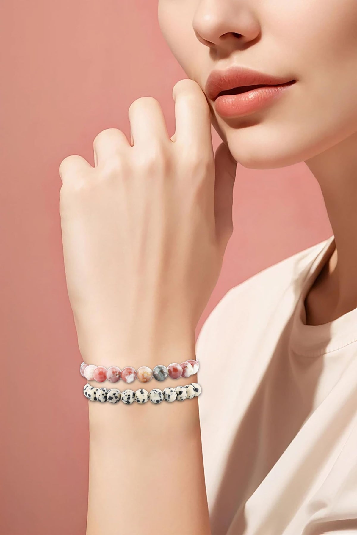 NCB 2-Piece 8mm Natural Crystal Gemstone Stretch Bracelets – ﻿Dalmation Jasper, Red Plum Blossom Stone Handmade Reiki Energy Healing Jewelry for Meditation,Yoga, Unisex