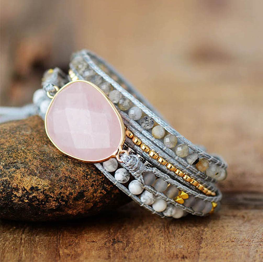 ZOSOJONA Women Wrap Bracelet Boho Natural Jasper Crystal Stone Beads Strand Bracelets (Pink Quartz)