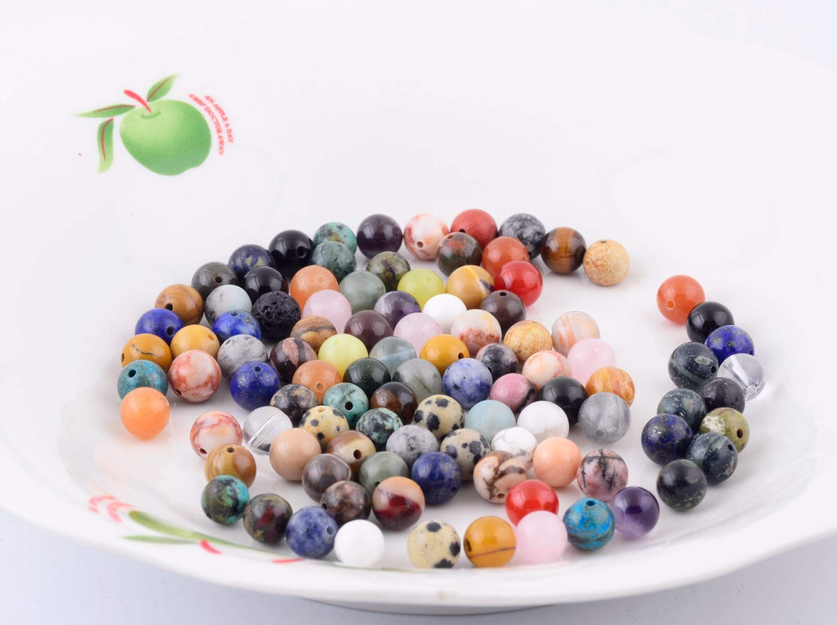 Natural Stone Beads 100pcs Round Genuine Real Stone Beading Loose Gemstones Hole Size 1mm DIY Smooth Bead for Bracelet Necklace Earrings Jewelry Making (Natural Stone Beads Multicolor, 6mm)