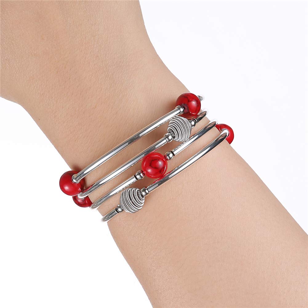 PEARL&CLUB Beaded Chakra Bangle Turquoise Bracelet - Fashion Jewelry Wrap Bracelet with Thick Silver Metal and Mala Beads, Birthday Gifts For Women(63-Red)