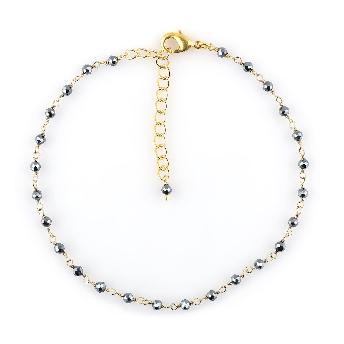 JOR Natural Hematite Beaded Rosary Anklet, Handmade Craft, Anklet Beads Bracelet, Chakra Healing Anklet, Gemstone Women Jewelry, Dainty Gold Plated Anklet 9 inch + 2 inch (1pcs)