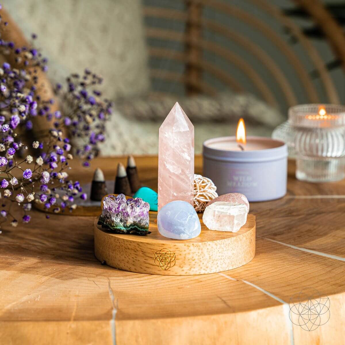 Conscious Items Divine Feminine Crystal Lamp with Rose Quartz, Amethyst, Citrine, & More, Crystal Light with Wooden Base for Healing, Abundance, & Inner Power, USB Night Light for Bedroom & Office