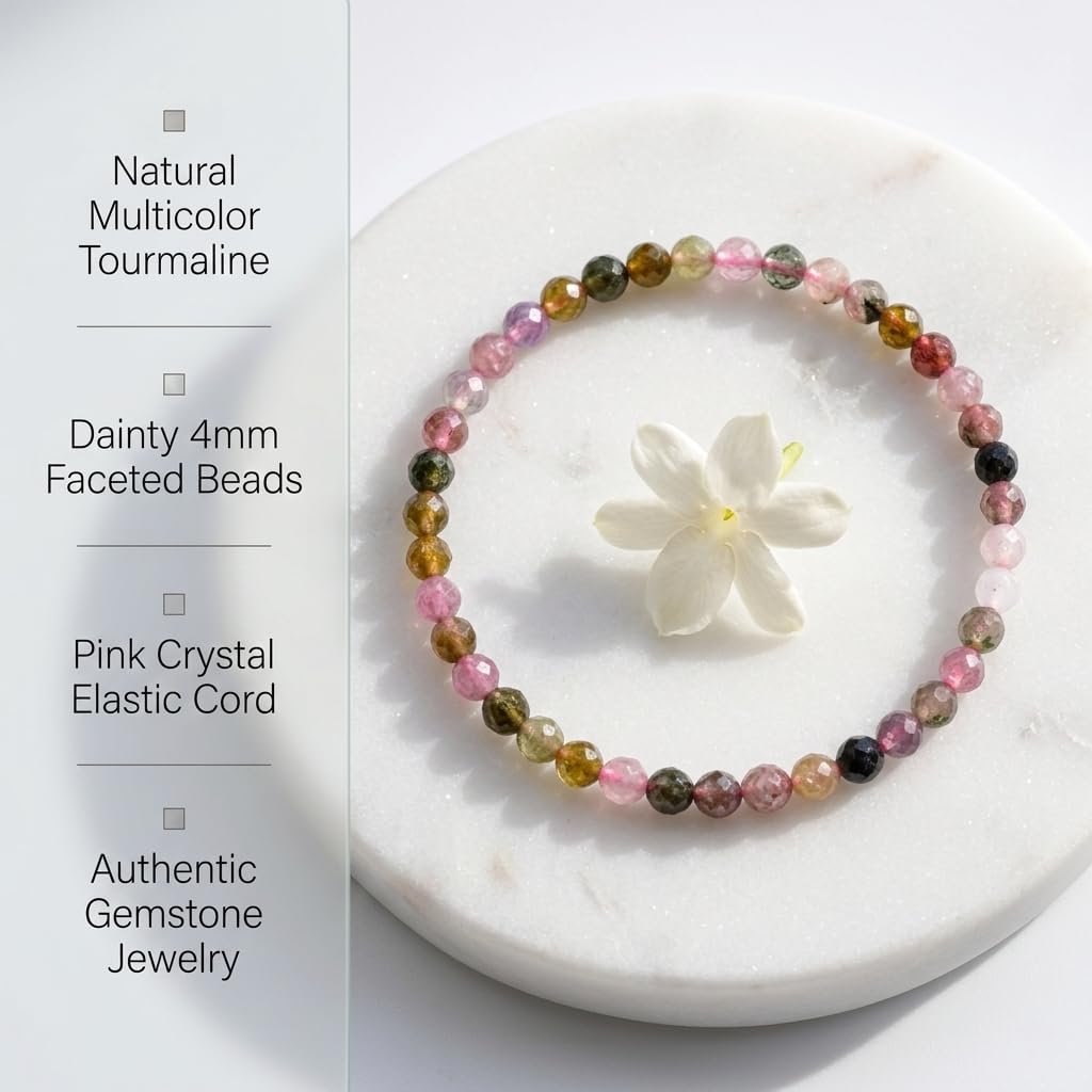 Angelstones Natural Multicolor Tourmaline Gemstone Stretch Bracelet, 4mm Faceted Round Beads, Crystal Healing for Women