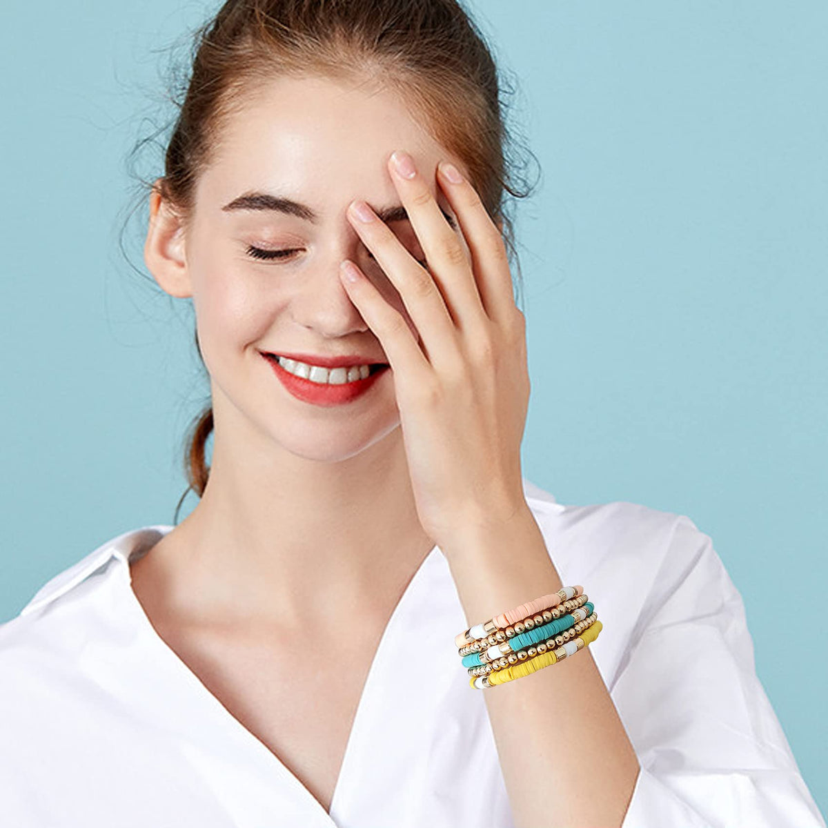 GOOJIDS Surfer Heishi Clay Bead Bracelets for Women Bohemian Stackable Gold Plated Beaded Stretch Bracelets Elastic Layering Friendship Bracelets Set Boho Jewelry