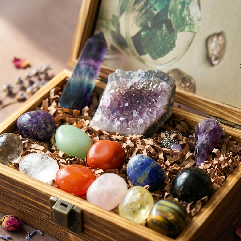 Juliful Unic 15PCS Crystals and Healing Stones Natural Crystals Set for Women Rainbow Fluorite Amethyst Crystal & Pendulum Tumbled Stones Crystal Wands