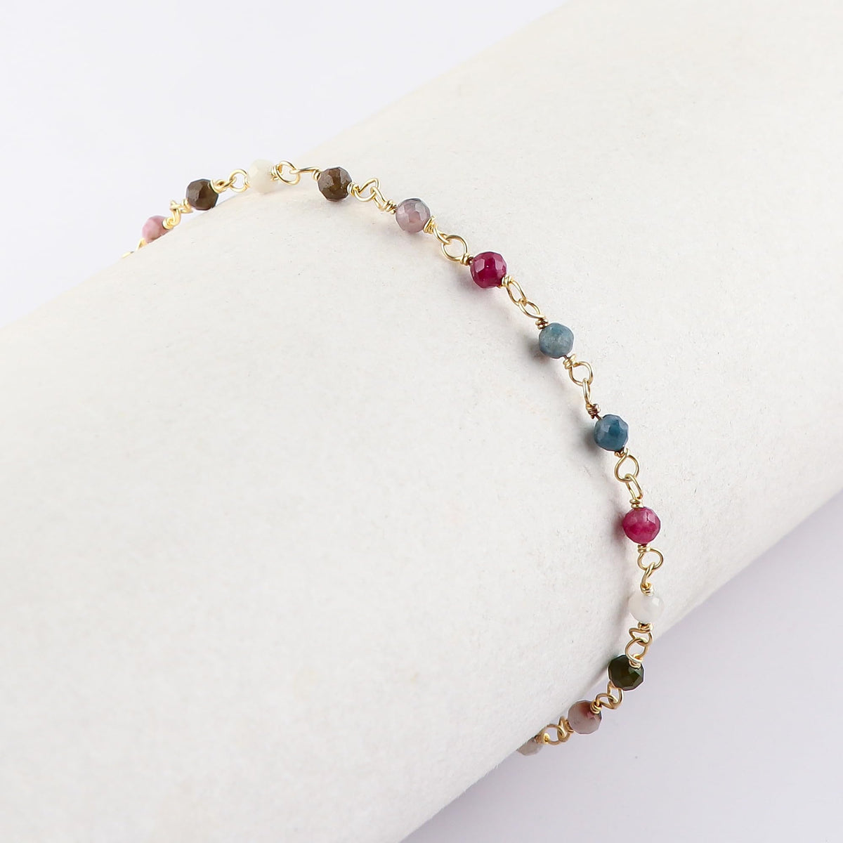 CRYSTALINES Natural Multi Tourmaline Gemstone Cluster Bracelet, 14K Gold Plated Rosary Chain Beads, Handmade Boho Jewelry for Women, Healing Crystals, Christmas Gift Size- 8inch