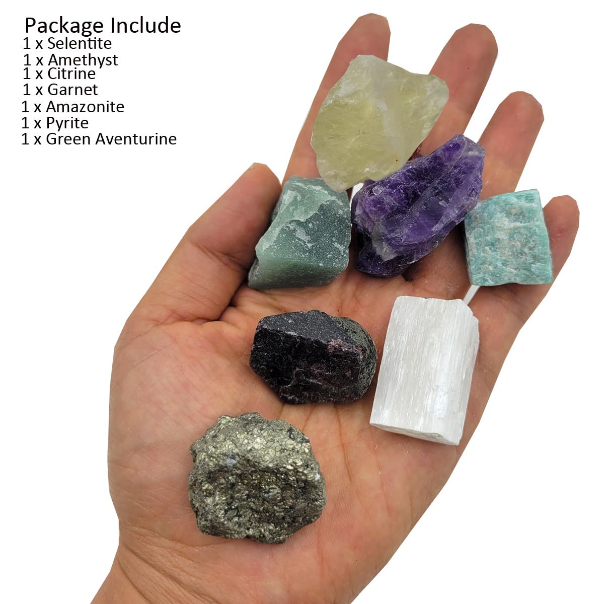 7Pcs Energy Crystals for Money and Success Manifestation Raw Crystals Set of Selenite,Green Aventurine,Citrine,Amazonite,Garnet,Pyrite,Amethyst (Crystals for Success and Money)