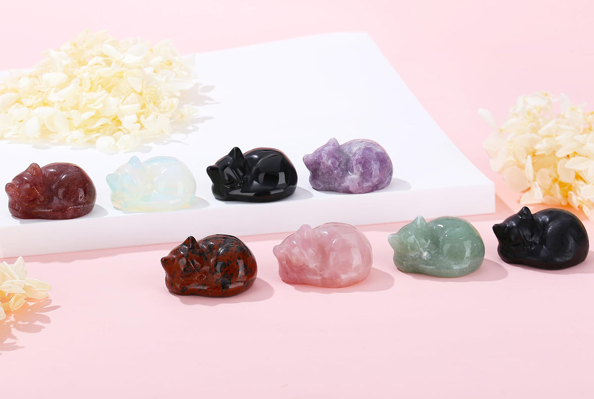 YATOJUZI 2" Cat Decors Statue Strawberry Quartz Crystals Sleeping Cats Gemstone Hand-Carved Cute Animal Statues Figurine Stone Home Office Desk Decor Lucky Reiki Kitten Ornaments Gifts for Women Men