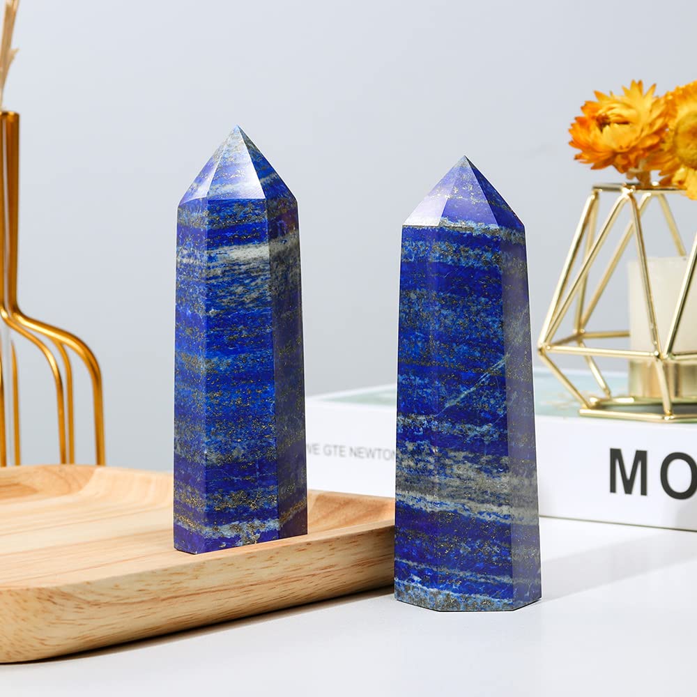 Runyangshi Large Lapis Lazuli Natural Healing Crystal Wand 4.72"-5" Crystals Tower 6 Faceted Single Point Crystal Prism Wand Natural Stones for Meditation Reiki Chakra Therapy Home Decor Gift