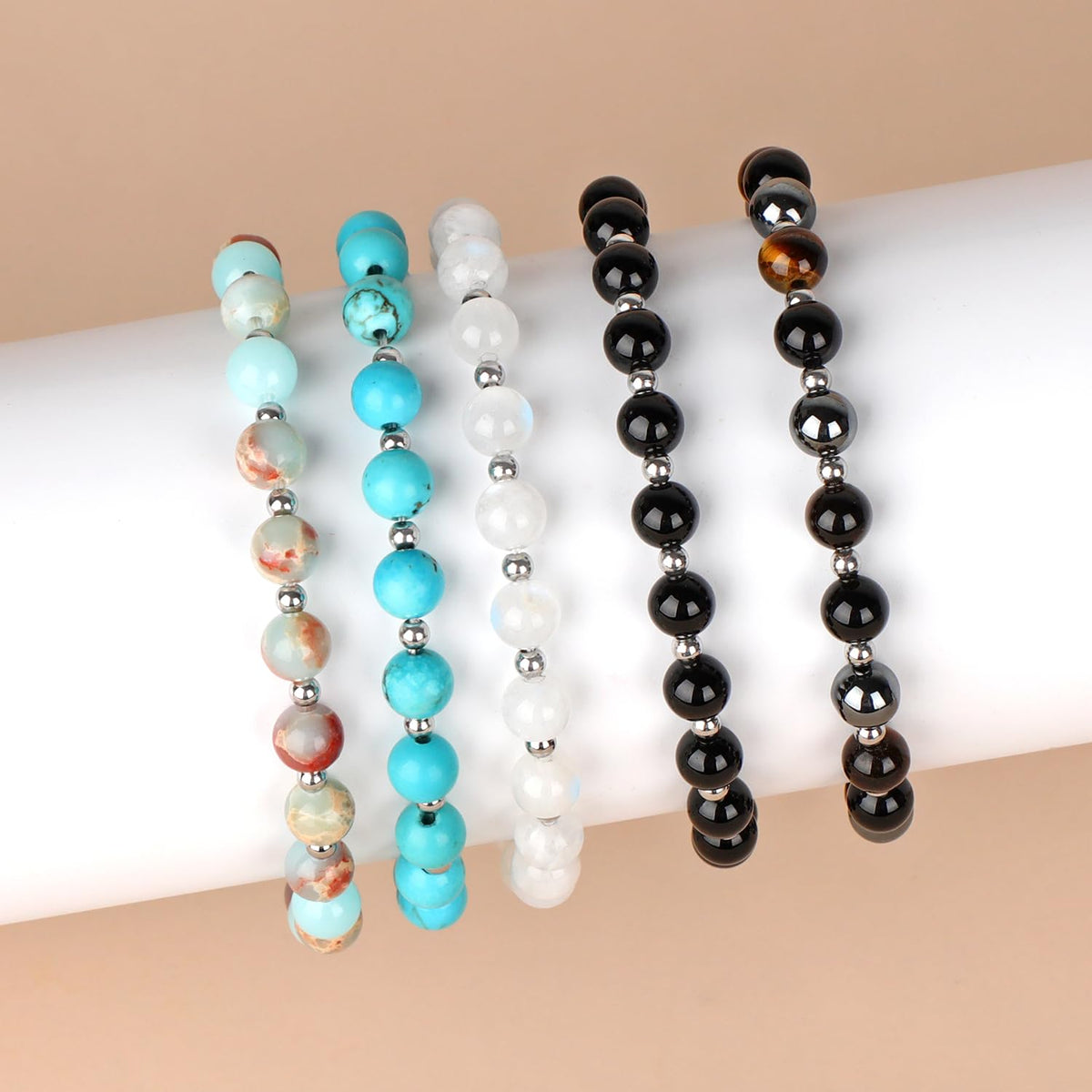 QOGIR Moonstone - New Beginnings - Stainless Silver Beads Natural Gemstone Stretch Elastic Dainty Healing Beaded Bracelets Gifts 6mm