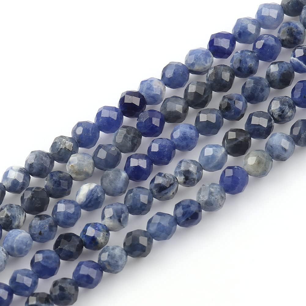 Song Xi 90pcs 4mm Natural Old Blue Sodalite Gemstone Beads Faceted Round Loose Stone Beads for Jewelry Making (1 Strand)