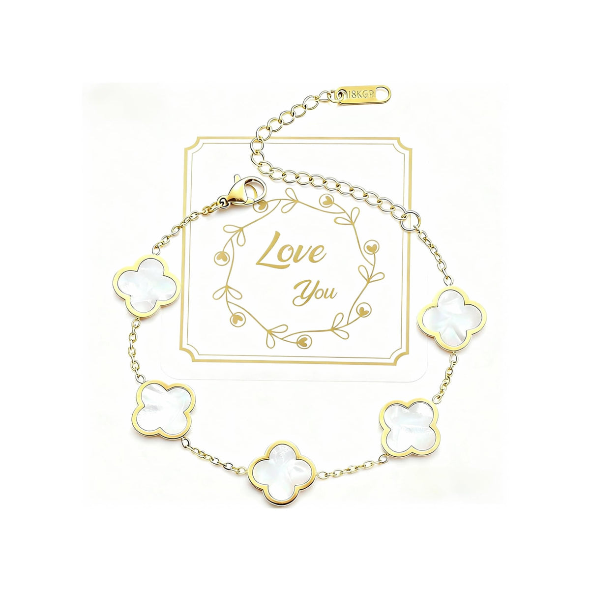 zofanvo Four Leaf Clover Bracelets 18K Gold Plated Lucky Bracelet for Women White Flower Leaf Link Lucky Bracelet Trendy Jewelry Gifts Valentine's Day/Wedding Gifts for Women-Love You Card