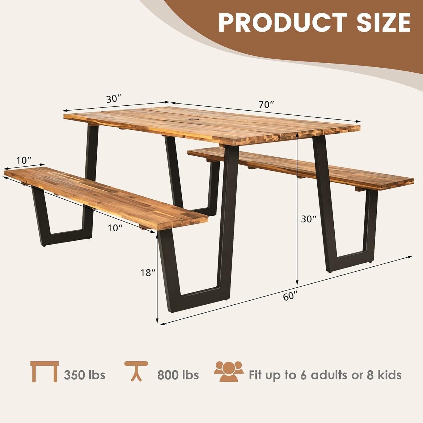 LDAILY Acacia Wood Picnic Table with Umbrella Hole, 70’’ x 30’’ Outdoor Picnic Tables with Benches for 6-8 Persons, 1600 LBS Max Load, Metal Frame & 2" Umbrella Hole, Party, Garden, Yard, Patio, Lawn