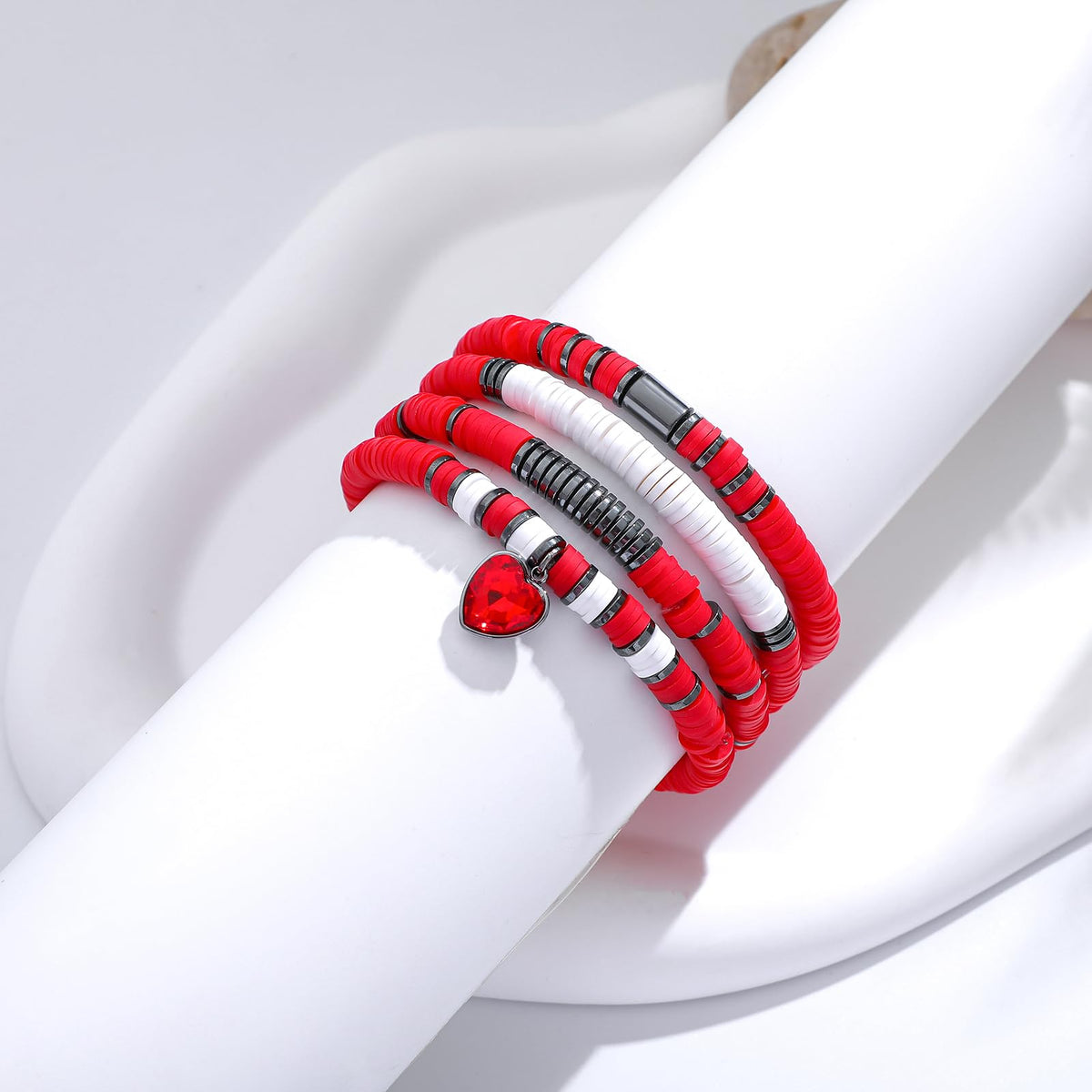 GOOJIDS Red Surfer Heishi Clay Bead Bracelets for Women Bohemian Stackable Gold Beaded Stretch Bracelets Elastic Layering Friendship Bracelets Set Boho Jewelry