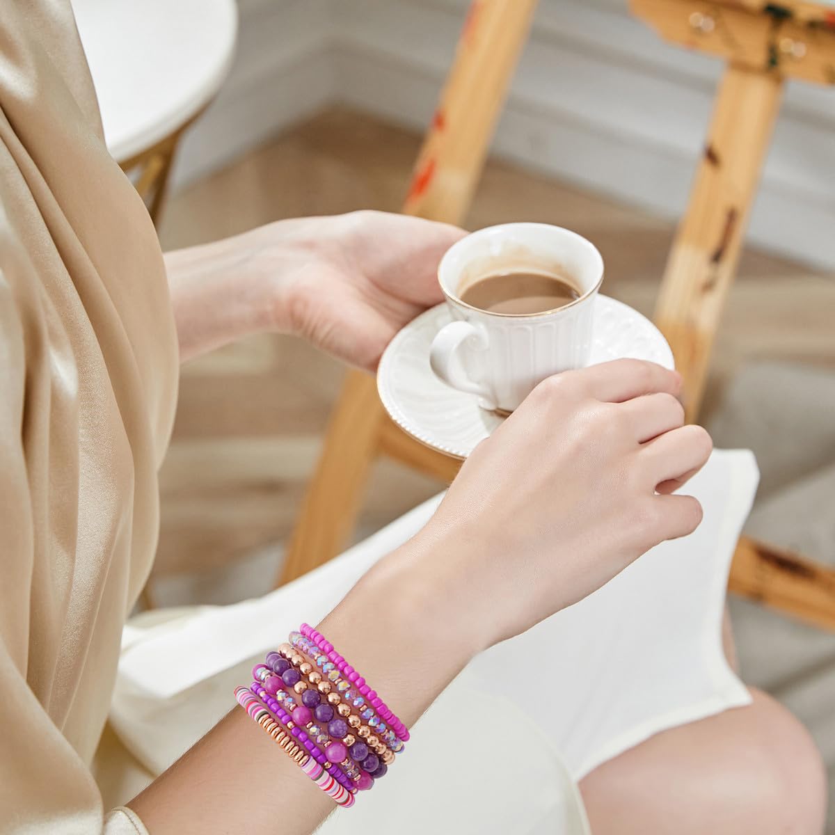 GOOJIDS Surfer Heishi Clay Bead Bracelets for Women Bohemian Stackable Gold Plated Beaded Stretch Bracelets Elastic Layering Friendship Bracelets Set Boho Jewelry