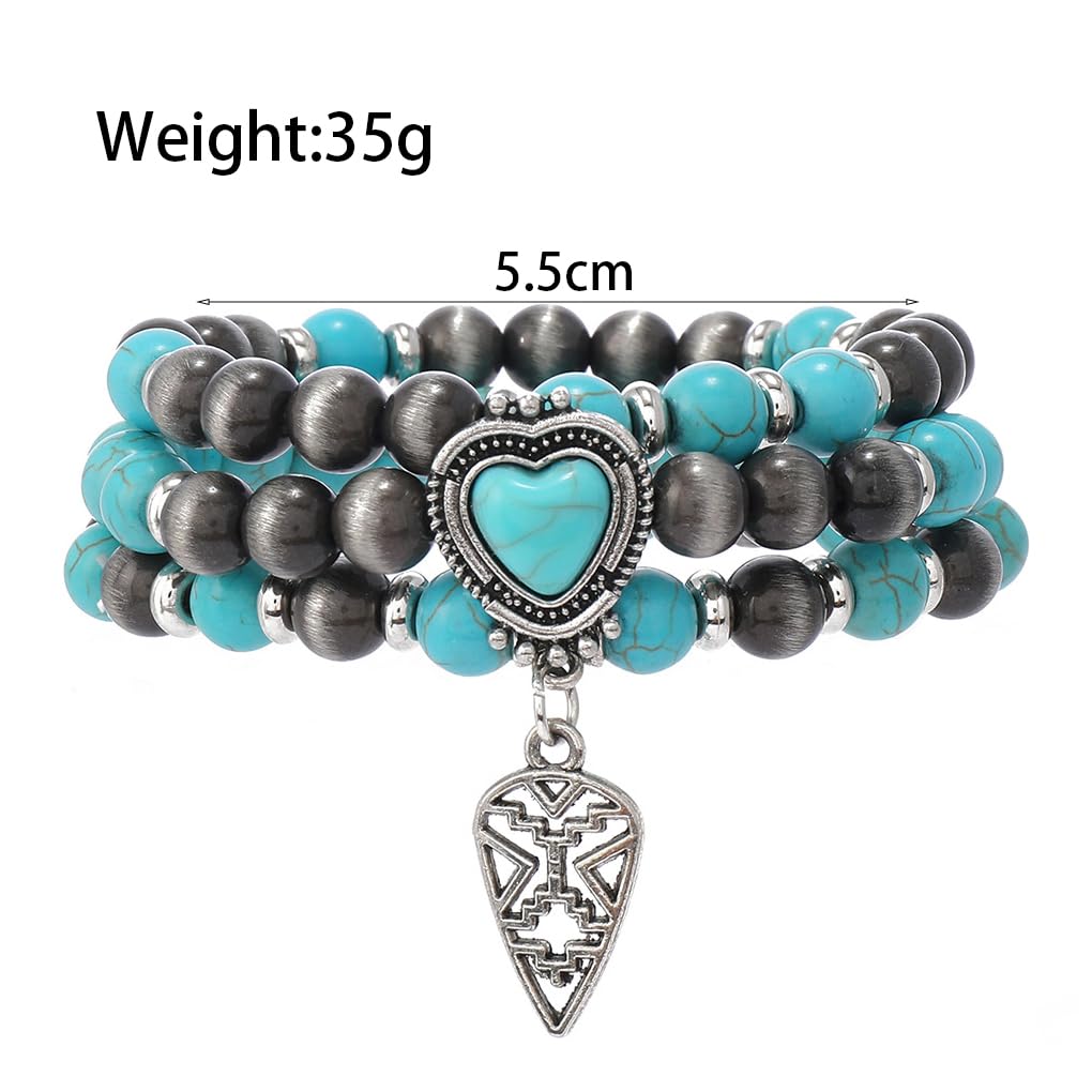GIGB PBDK Western Cowgirl Turquoise Bracelets for Women Turquoise Beaded Stackable Bracelets Bohemian Heart Feather Bracelet Country Concert Jewelry Accessories (Teal1)