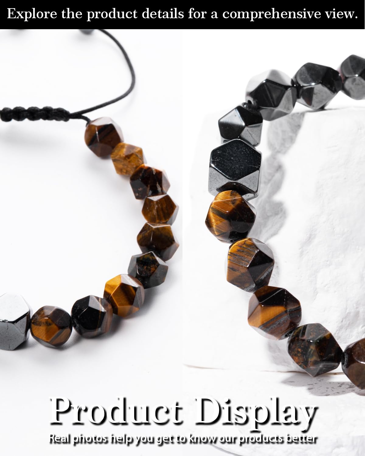 Beaded Bracelet for Men, 10mm Natural Stones Bracelet for Men's Gift, Adjustable Precision-Cut Gemstone Crystal Healing Bracelet, Protection Jewelry Gift with Hematite, Tiger Eye (Tiger Eye & Hematite)