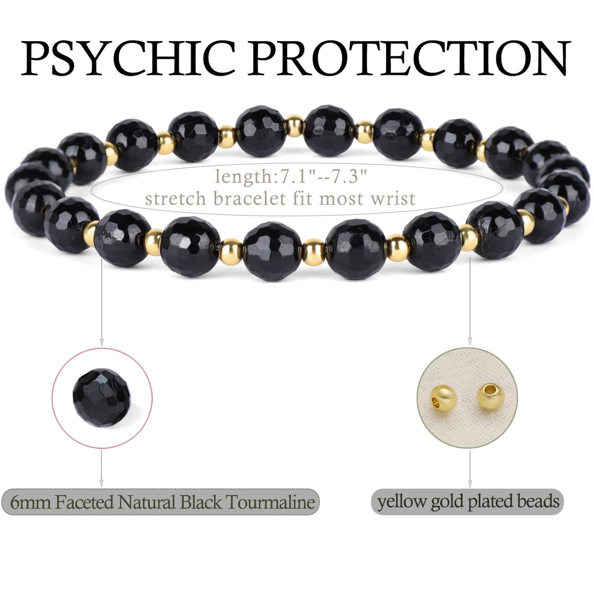 QOGIR Black Tourmaline - Psychic Protection - 14K Gold Plated Beads Natural Gemstone Stretch Elastic Dainty Healing Beaded Bracelets Gifts 6mm