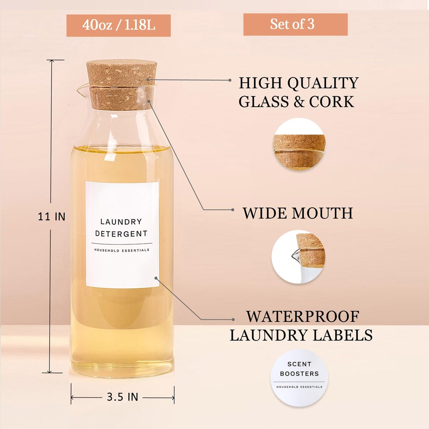 Glass Laundry Detergent Dispenser Set with Cork Lids, Fabric Softener Dispenser, Easy Pour 3 Pack Laundry Bottles, Liquid Detergent Containers, Scent Booster & Bleach Container for Laundry Room