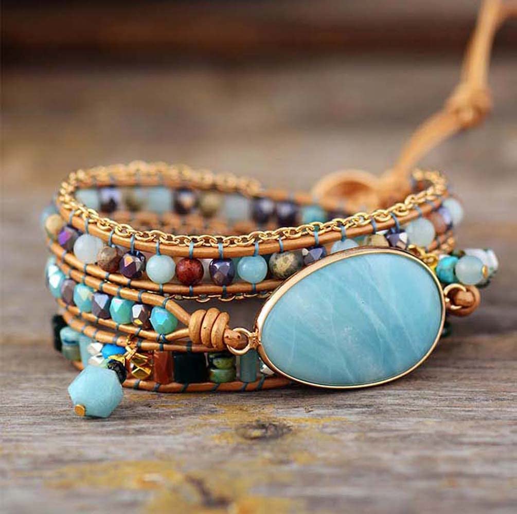 ZOSOJONA Women Wrap Bracelet Boho Natural Jasper Crystal Stone Beads Strand Bracelets (Amazonite)