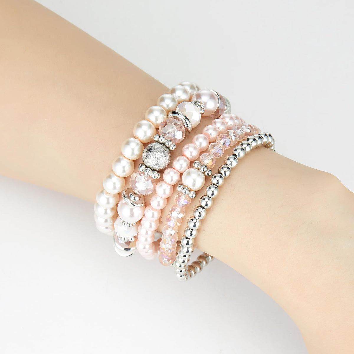 Noessla Beaded Pearl Stretch Bracelet Silver Stackable Crystal Beads Bracelets Trendy Costume Jewelry Mothers Day Gifts for Women(Pink)