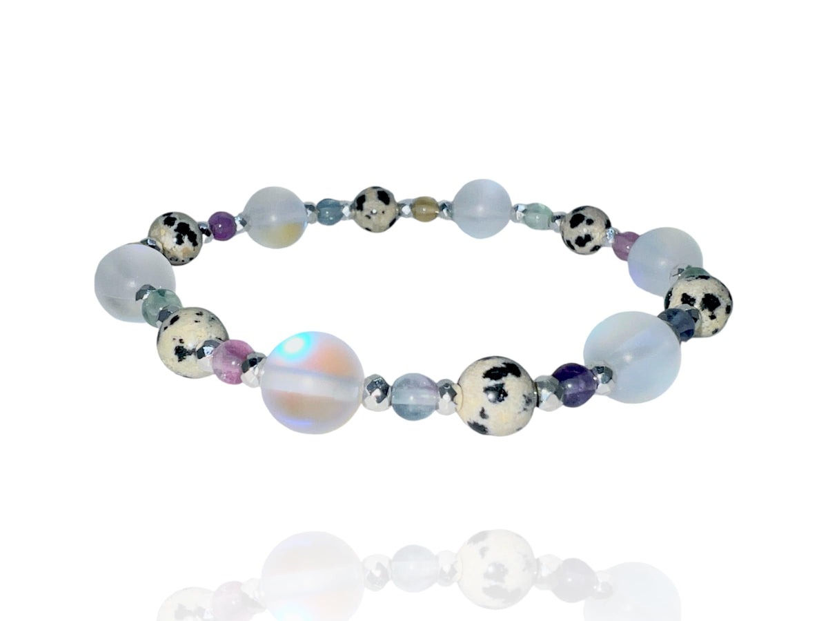 “BUBBLES BRACELET” (Mermaid Moonstone Crystal Glass & Fluorite) Natural Gemstone Healing Bracelet - [7 inches]