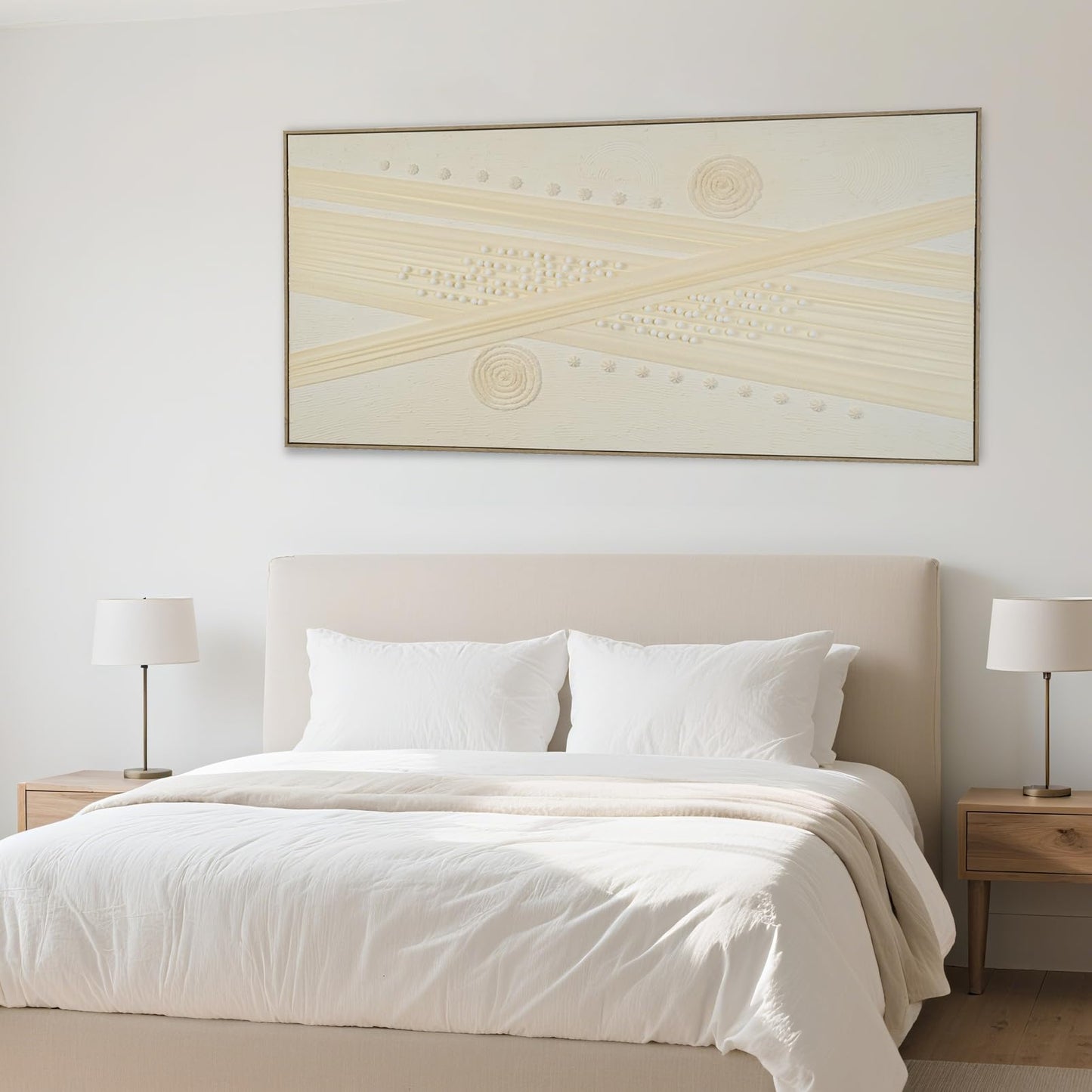 Abstract Wall Art for Living Room Canvas Painting Framed Boho Decor, Cuadros para Sala Elegantes y Modernos Dormitorios, Bedroom Office Handmade Large Size 29"x58" with Tools Kit (Light Yellow)