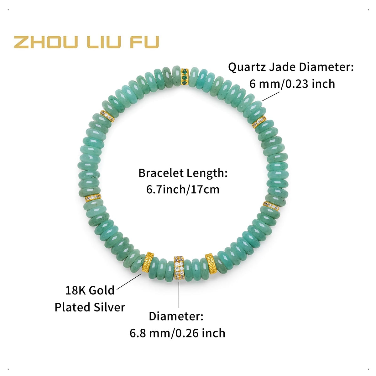ZHOU LIU FU Sterling Silver Bracelet Silver Green Jasper Hoop Beaded Bracelets Healing Gemstone Yellow Hoop Beads Stretch Bracelet for Women Mom Daughter Birthday Anniversary 6.7"/17CM J1915988