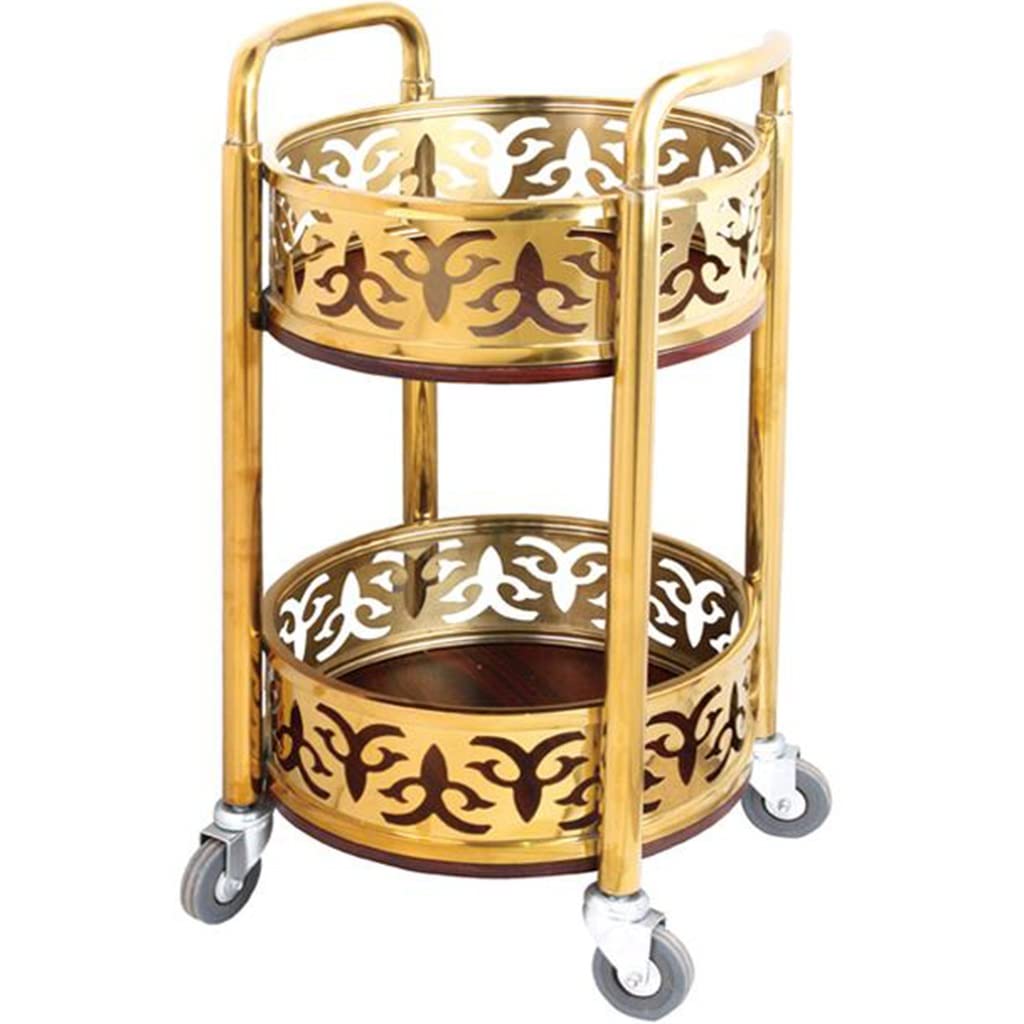 FGQuelleBM 2-Tier Serving Cart with Ornate Cut-Out Design, Mobile Beverage Cart Features Dual Handles, Crafted from Stainless Steel and Wood(Gold)