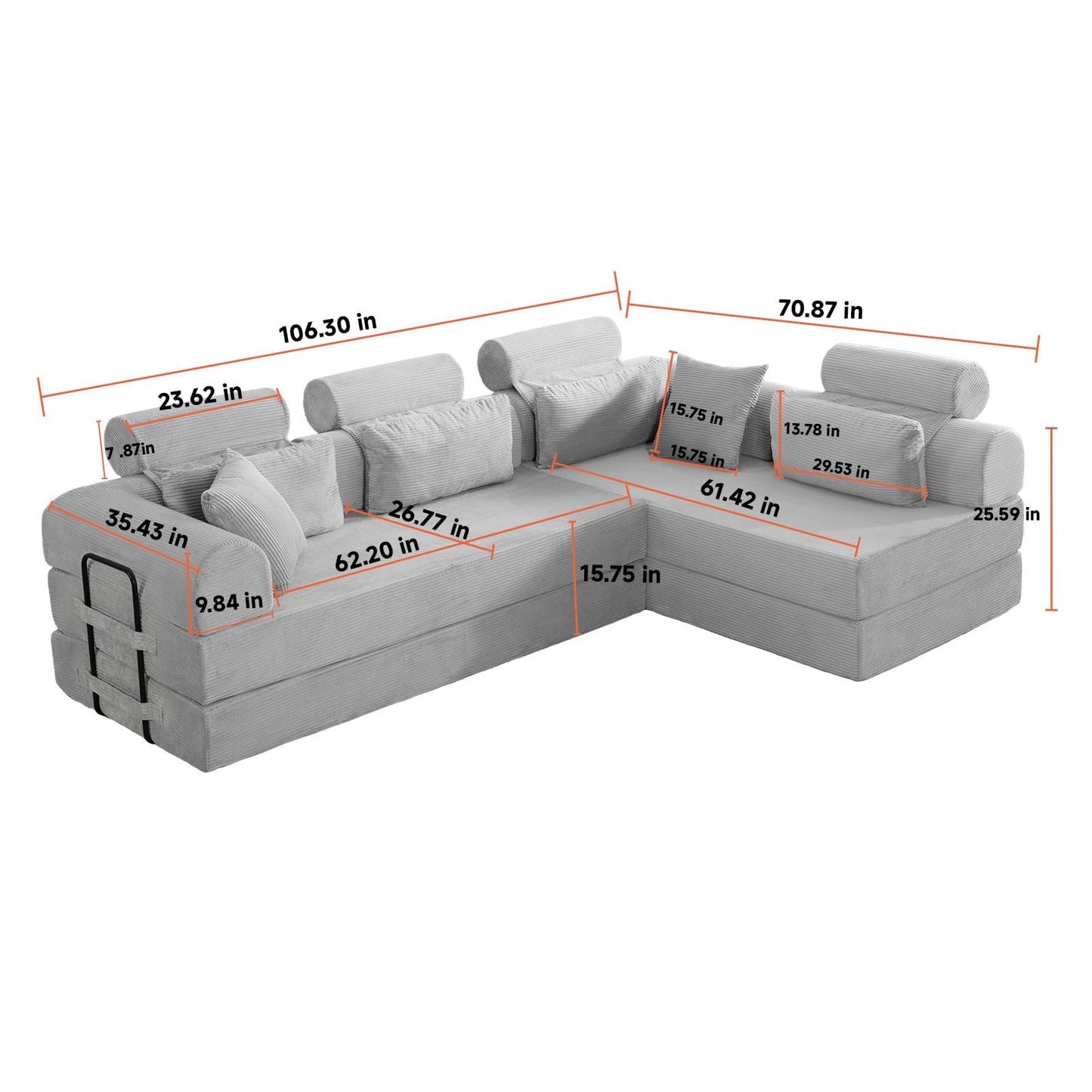 KEIKI 6-in-1 Folding Convertible High Back Sofa Sleeper, 106" Oversized Modular Sectional Corduroy Upholstered L Shape Couches for Living Room, Deep Cushion for Open Concept Living, Grayish Green