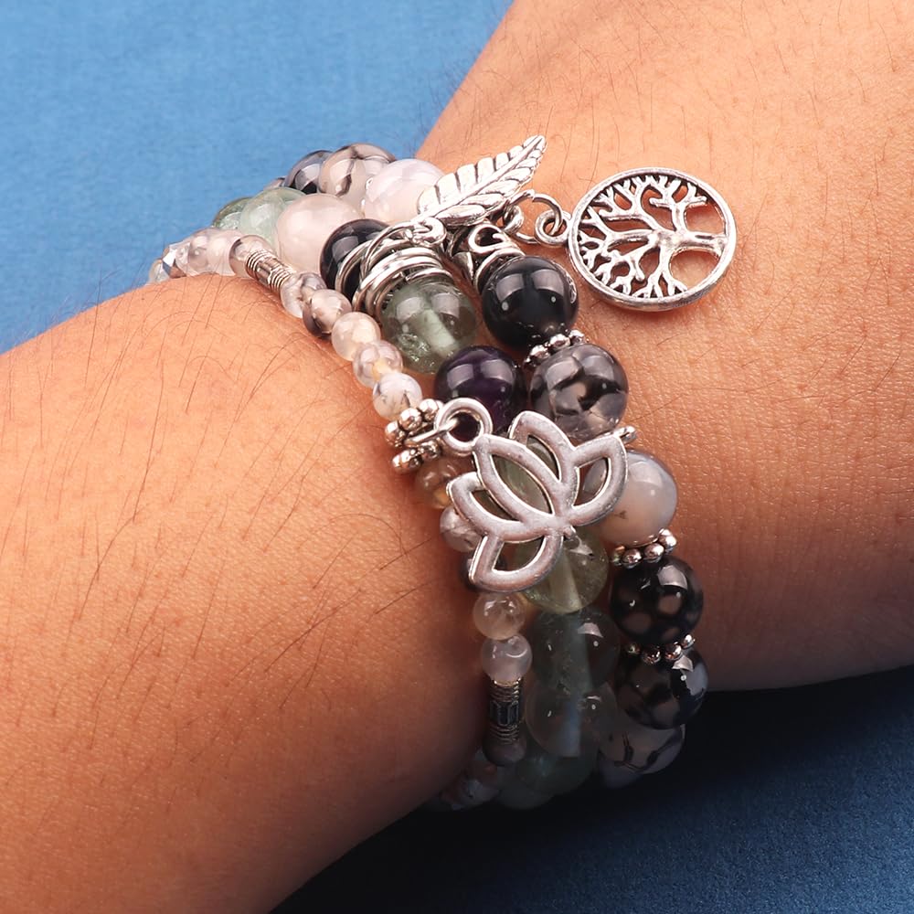 UEUC Tree of Life Yoga Healing Stone Bracelets,Multilayer Lotus Chakra Stone Reiki Bracelet Sets,Anxiety Crystal Natural Stone,for Women Stress Relief(#153)