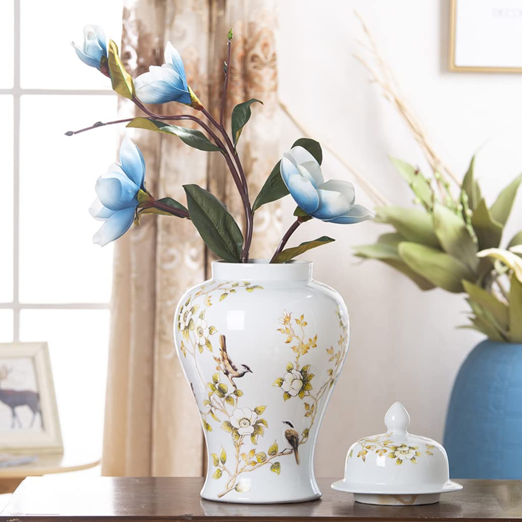ZHOUXIAO White Ceramic Ginger Jar with Lid for Home Decor,Traditional Chinese Flowers and Birds Temple Jar, Jingdezhen Handcrafted Porcelain Vase Centerpiece Decor L