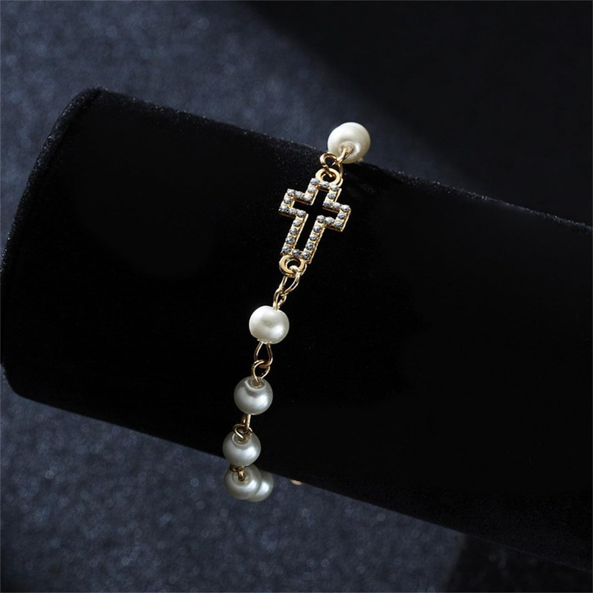 Dreuyet Pearl Beaded Bracelet for Women Trendy Cubic Zirconia Butterfly Starfish Cross Star Statement Bracelets Christmas Wedding Jewelry Gifts (cross)