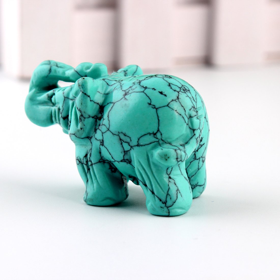Green Turquoise Elephant 1.5Inches Statue Crafts Natural Stone Carved Figurine Chakra Carving Stones Healing Reiki Free Pouch (Turquoise)