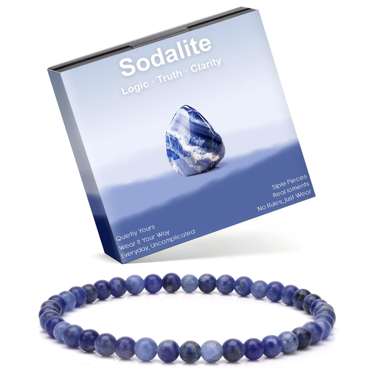 Risyfjew 4MM Handmade Sodalite Natural Gemstone Stretch Elastic Bracelet,PE Film Anti-oxidation Packaging Natural Stone Crystal Healing Power Energy Gifts for Adult
