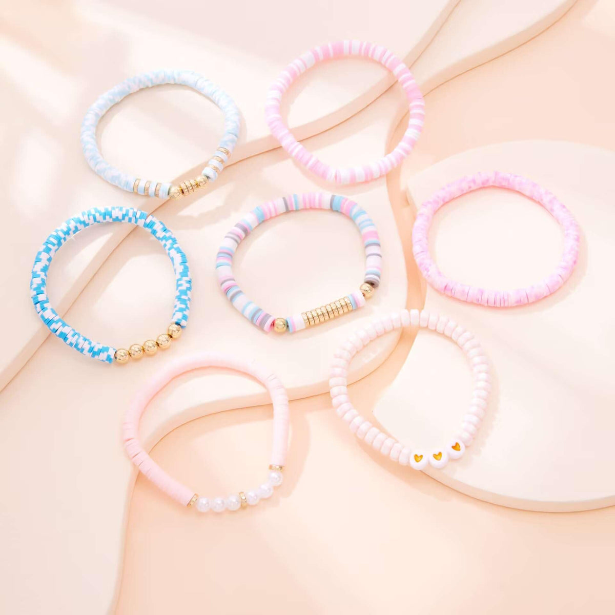 YEOSMINE Boho Heishi Clay Beaded Stretch Bracelets Stack For Women, Preppy Teens Friendship Gold Bracelets Cute Beach Surfer Accessories Bulk Set Trendy Fashion Jewelry