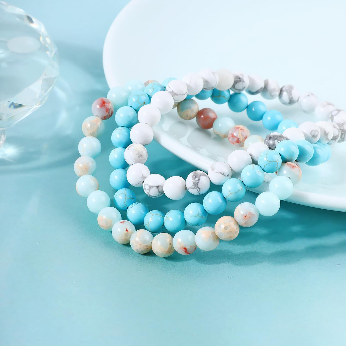 NCB 3-Piece 6mm Natural Crystal Gemstone Stretch Bracelets – ﻿Agalmatolite Jasper, Blue Turquoise, Howlite Handmade Reiki Energy Healing Jewelry for Meditation,Yoga, Unisex
