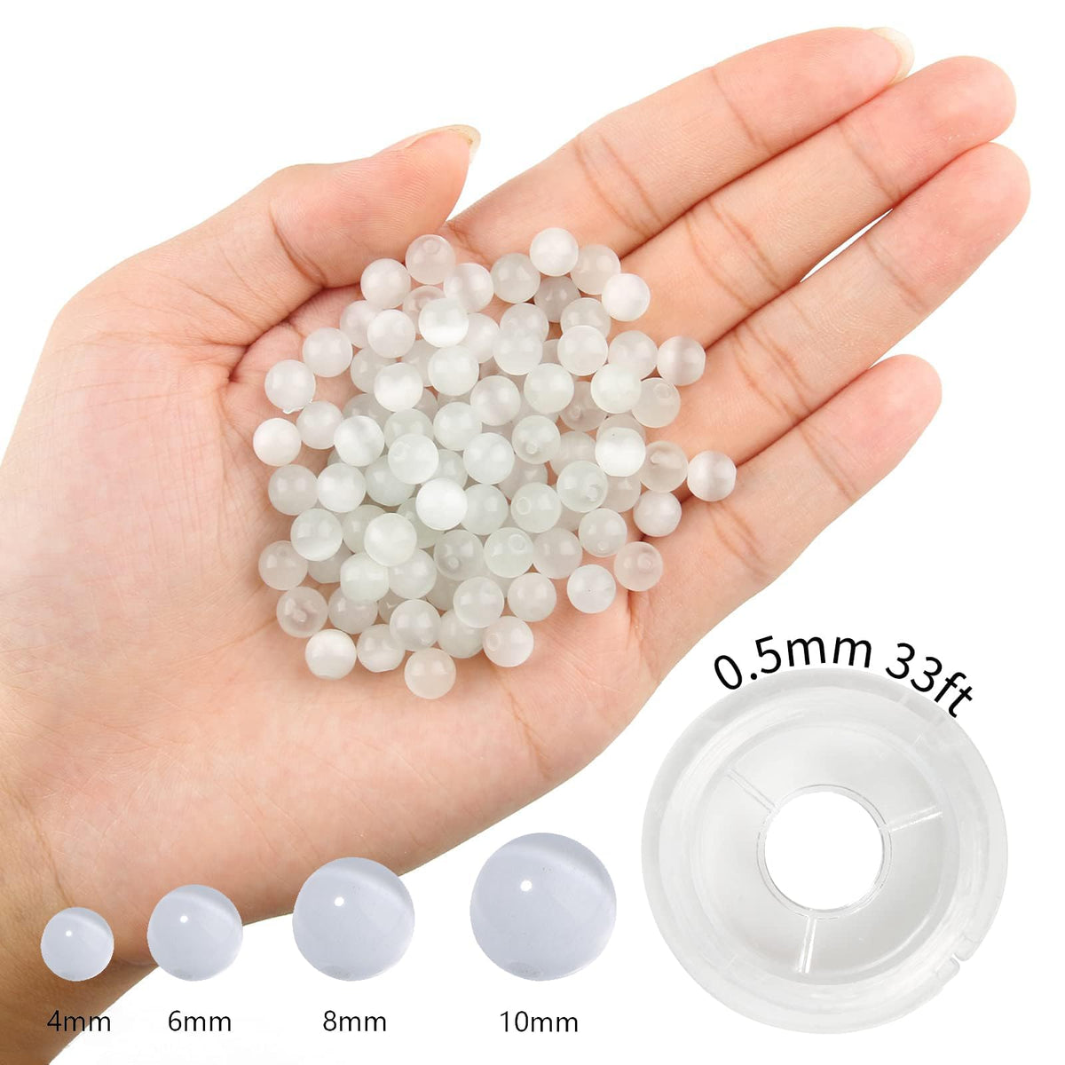 NITOPUPU 100Pcs 8mm Natural Smooth White Cat Eye Beads Round Loose Gemstone Stone Beads for Jewerly Making with Crystal Stretch Cord