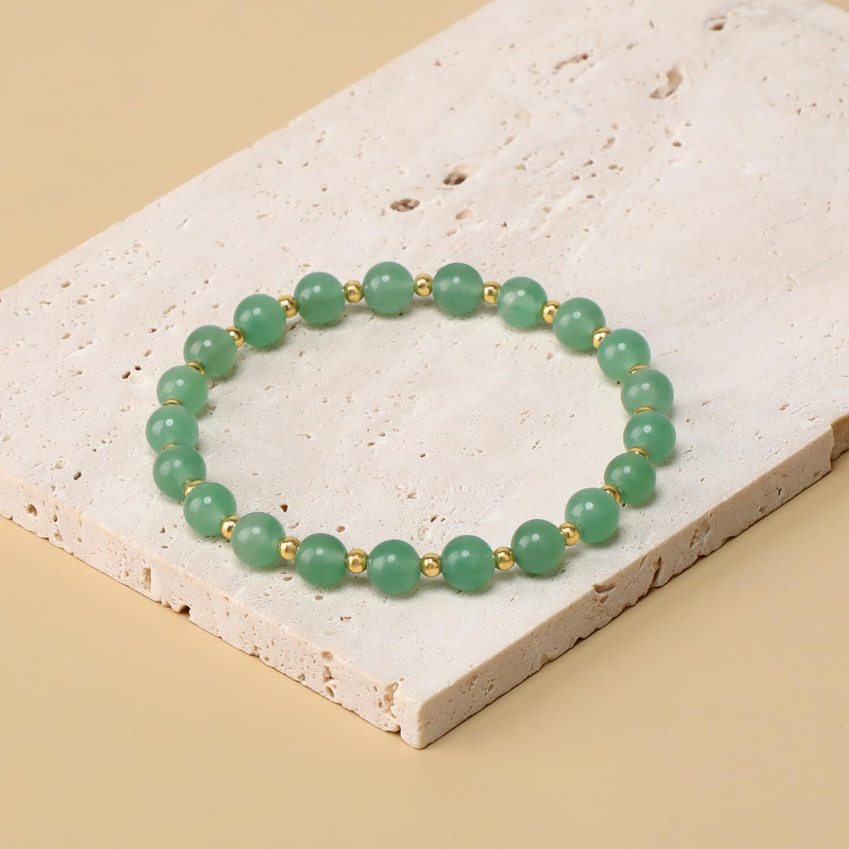 QOGIR Green Aventurine - Prosperity - 14K Gold Plated Beads Natural Gemstone Stretch Elastic Dainty Healing Beaded Bracelets Gifts 6mm