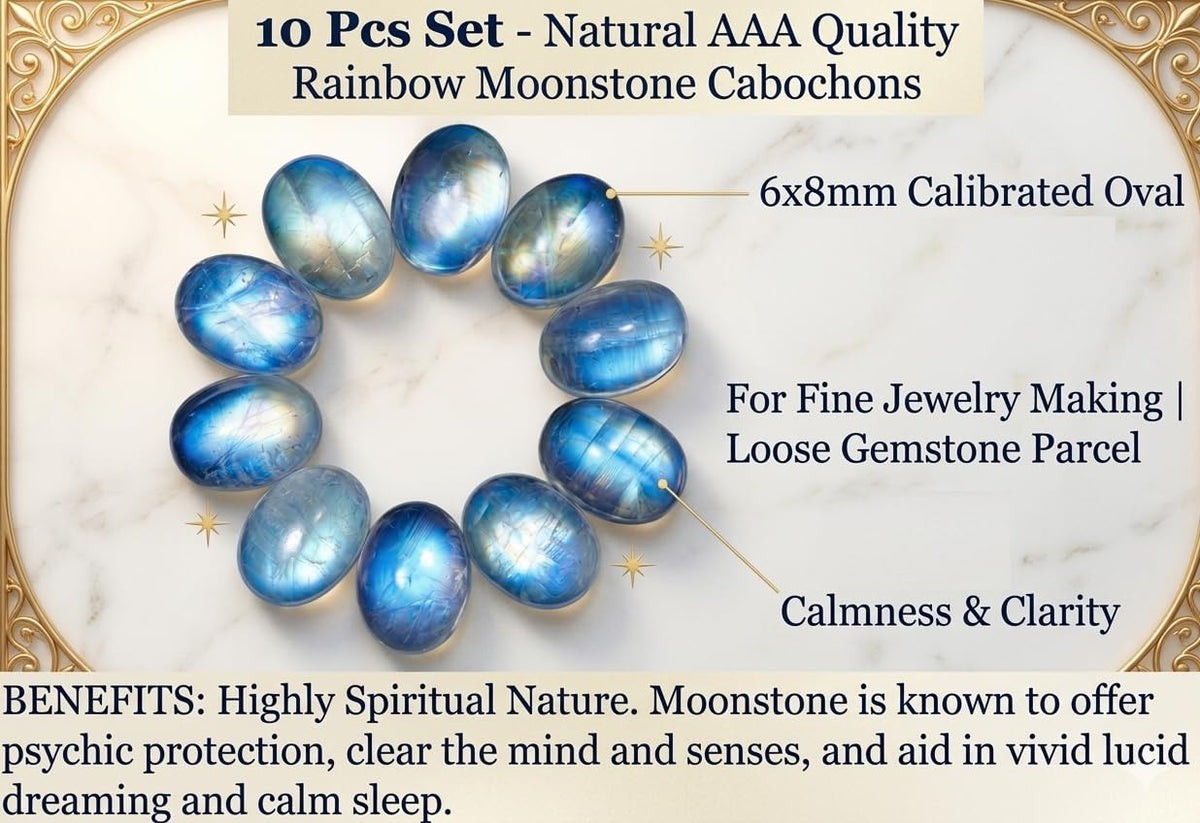 6x8mm Oval Rainbow Moonstone AAA Quality Natural Calibrated Cabochon Loose Gemstone 10 pcs Box.